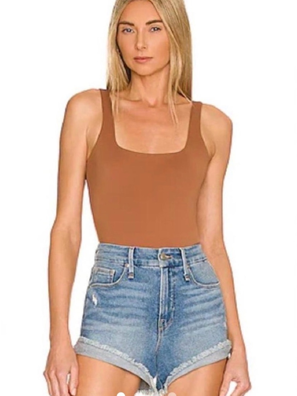 Good American Square Neck Bodysuit in Warm Brown